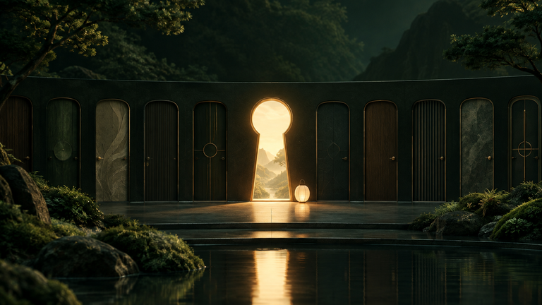 Illustration: A single wide key-shaped doorway of warm light in a long row of different closed doors, with a small paper lantern waiting at the threshold.