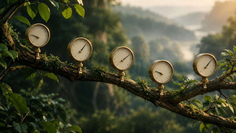 Illustration: A calm still-life of a row of small brass gauges mounted on a branching tree limb, each needle resting at a different position, in soft morning light.