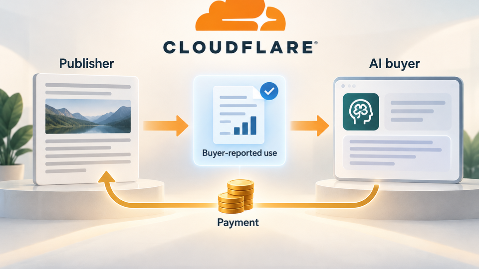 Cloudflare Pay Per Use diagram showing an AI buyer reporting use of a publisher’s article and a payment returning to the publisher.