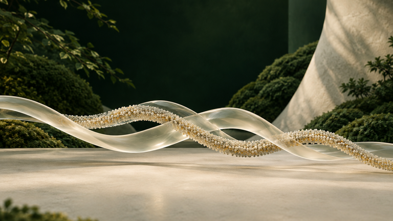 Illustration: Two translucent ribbons of different textures, one smooth and one beaded, braided together into a single strand on a quiet pale surface.