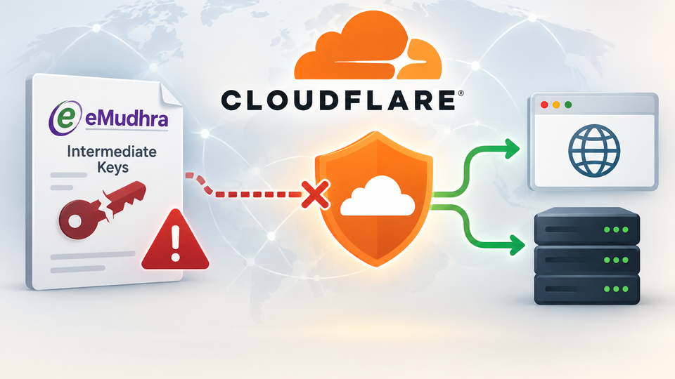 Cloudflare beside a diagram showing compromised eMudhra intermediate keys and the risk of forged server certificates.