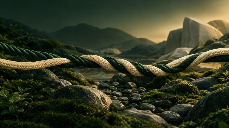 Illustration: Two ropes of different weave braiding into one steady line that gently adjusts its path as a landscape of small stones shifts beneath it.