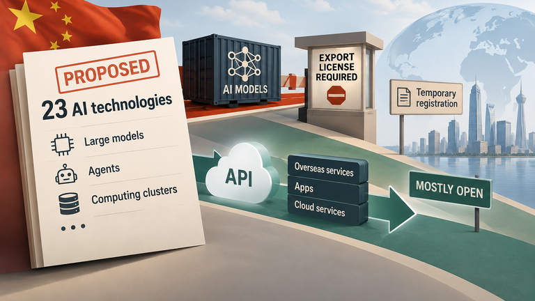 Conceptual diagram of China’s proposed AI-technology export controls, distinguishing licensed technology transfers from overseas API and app access.
