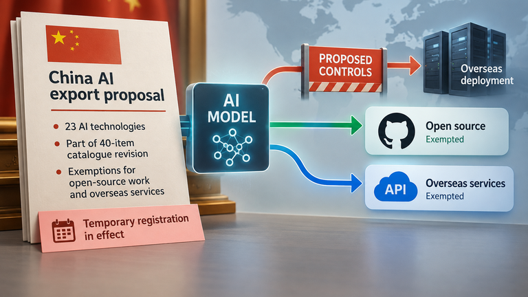 Conceptual diagram of China’s proposed AI export controls, distinguishing overseas model deployment from open-source work and API access, with a separate note on temporary registration.