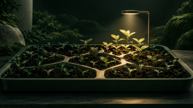 Illustration: A greenhouse tray of seedlings branching in different directions, a few lit by a small warm lamp while others stay dim, suggesting careful selection among many candidate ideas.