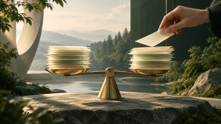 Illustration: A balanced stack of translucent paper slips on a scale, with one slip being gently lifted off and replaced by a different one, in soft morning light.