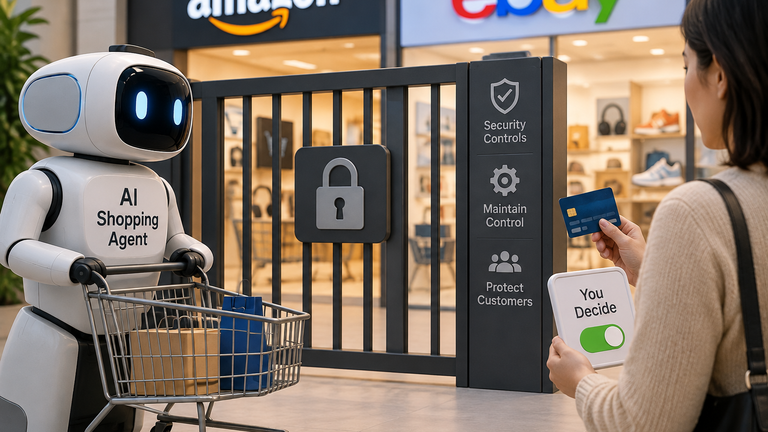 An AI shopping agent faces a locked checkout gate while a shopper retains control of payment approval.