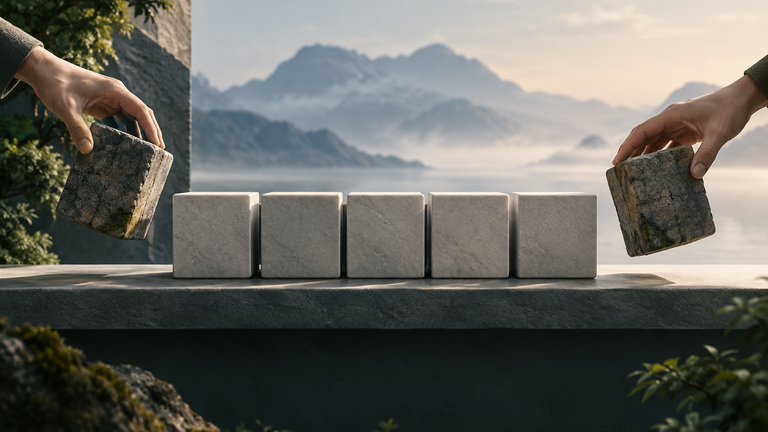 Illustration: A tidy shelf of identical stone blocks with two older, weathered blocks being gently lifted out and set aside, soft morning light, muted blue and warm gray palette.