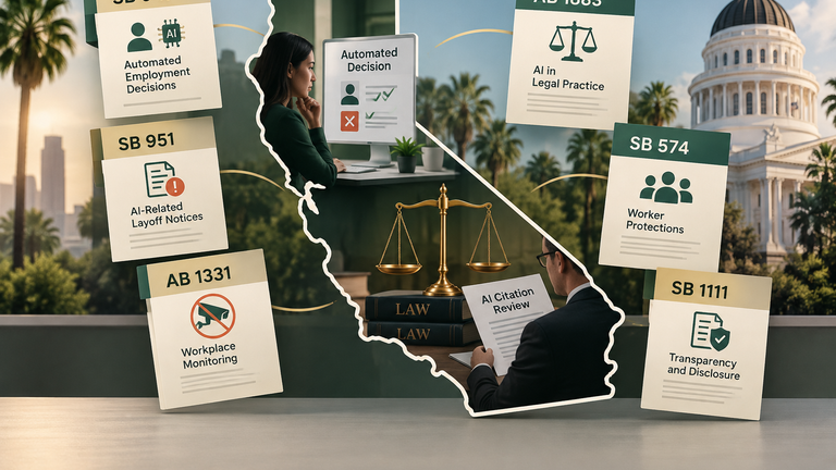 California outline with workplace and legal-practice symbols surrounded by tabs naming the six AI-related bills.