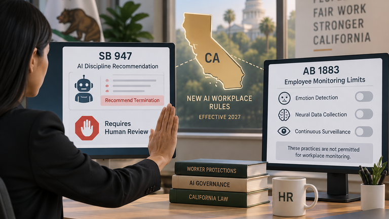Conceptual California workplace scene showing human review of an AI discipline recommendation and disabled emotion and neural-data monitoring.