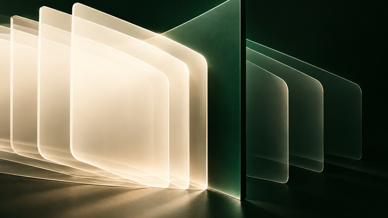 Abstract layered sheets and a green boundary representing strengthened app-content safeguards.