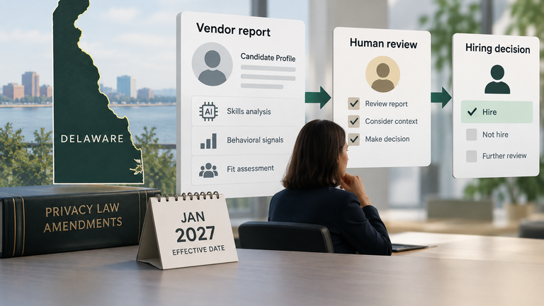 Illustrated Delaware hiring workflow showing a vendor report feeding into an employment decision with a human-review step.