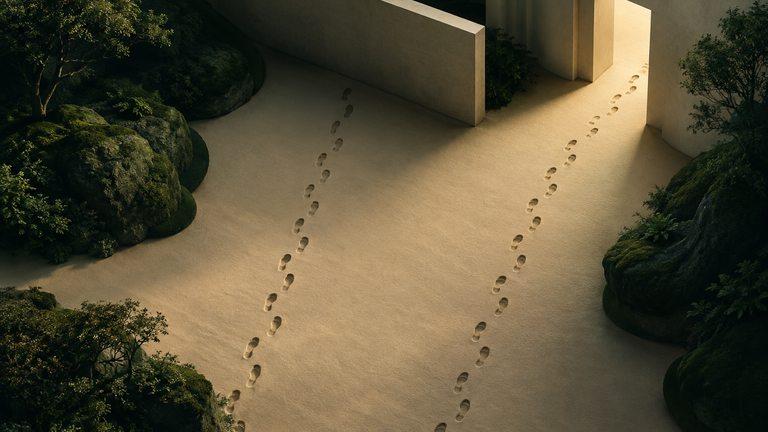Illustration: Two nearly identical paper trails of footprints crossing a sandy floor, one ending at a lit doorway and the other stopping short at a wall, viewed from above in soft light.