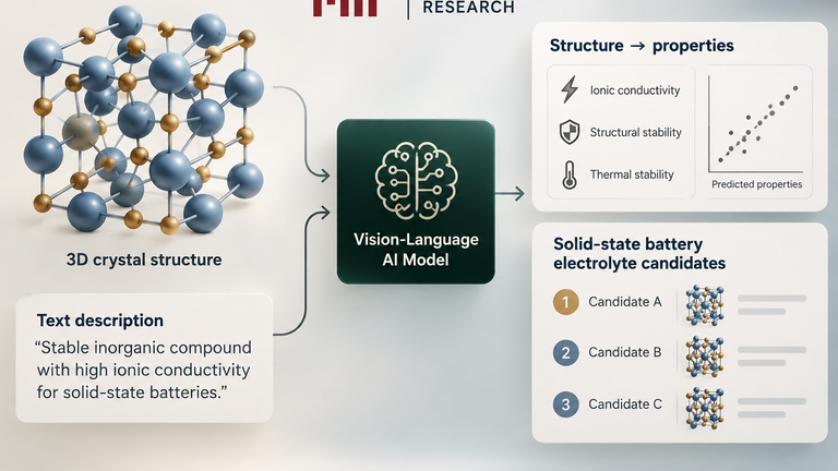 Conceptual diagram linking a 3D crystal structure to material-property descriptions and a shortlist of battery electrolyte candidates.