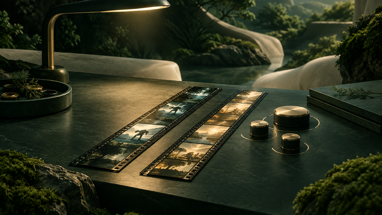 Illustration: A calm workbench where two strips of film lie side by side under a soft lamp, with a few small adjustable dials beside them.