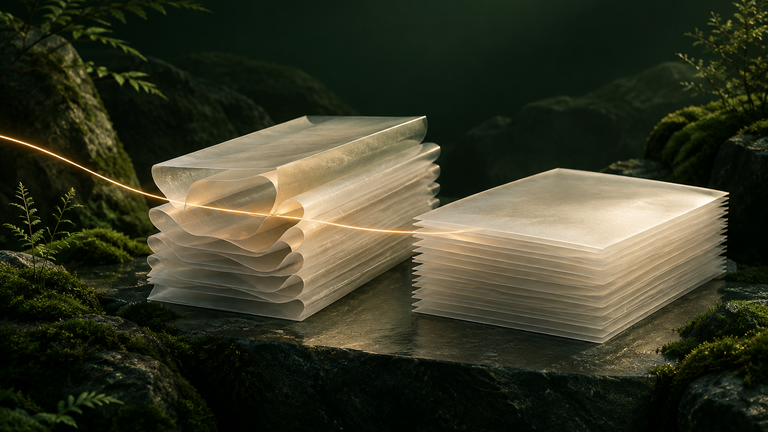 Illustration: A calm illustration of two layered stacks of translucent paper sheets, one pre-folded into a guide channel and one smooth, with a single thread of light being threaded through the folded one.