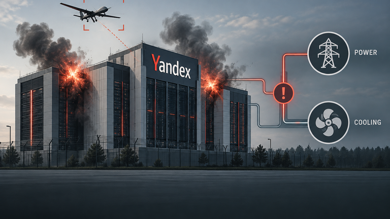 Conceptual illustration of a drone strike affecting three Yandex-labeled data centers and their connected power and cooling systems.