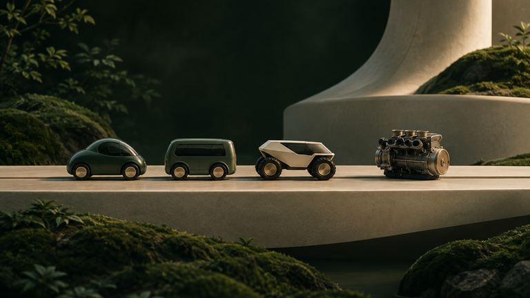 Illustration: A calm still life of three small toy vehicles of different shapes lined up on a plain track beside one bare engine, soft side light, with no text, logos or screens.