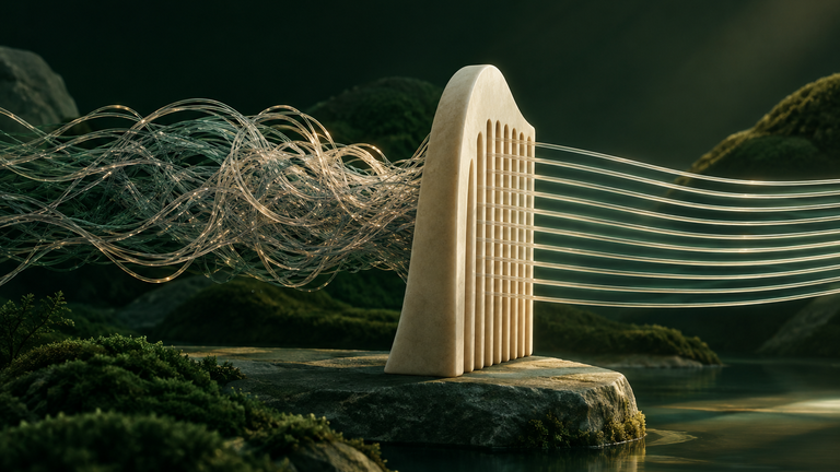 Illustration: A tangled bundle of translucent threads passing through a comb and emerging as separate, evenly spaced strands.
