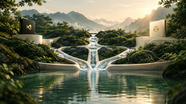 Illustration: A single stream of water dividing into several channels that rejoin into one calm pool, in soft morning light.