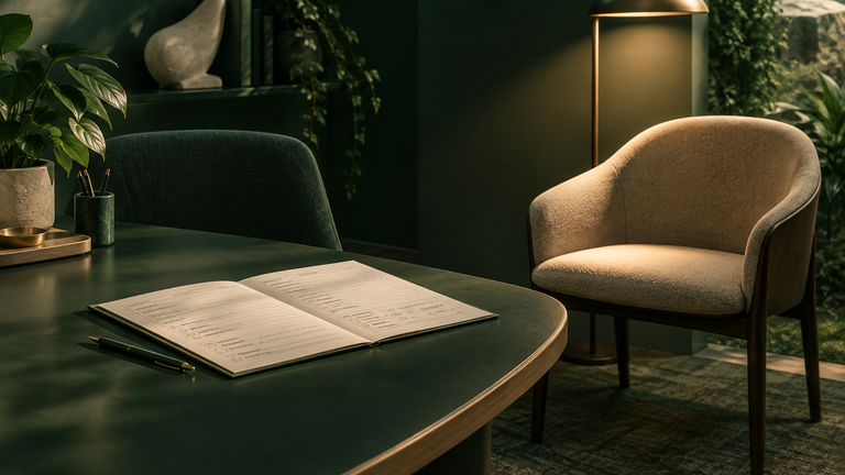 Illustration: A calm still life of an open paper consultation form on a clinic desk beside a second chair, with a soft lamp pooling light on the empty seat.