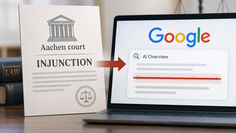 Illustration of an Aachen court injunction directed at a false Google AI search answer about a doctor.