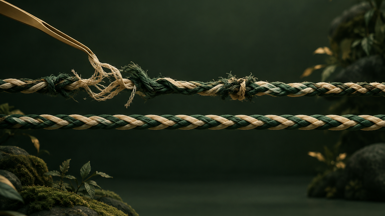 Illustration: Two parallel strands of woven thread, one with a few frayed knots being gently untied and rethreaded while the other runs smooth, on a quiet muted background.