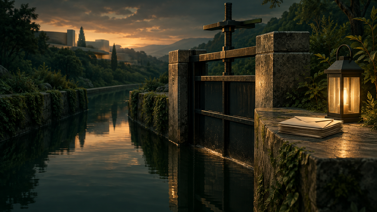 Illustration: A lantern-lit sluice gate beside a still canal at dusk, with a small stack of unopened paper envelopes resting on its stone ledge.