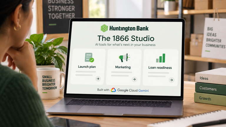 Conceptual illustration of Huntington Bank’s The 1866 Studio linking small-business launch planning, marketing and loan-readiness tasks with Google Cloud Gemini.