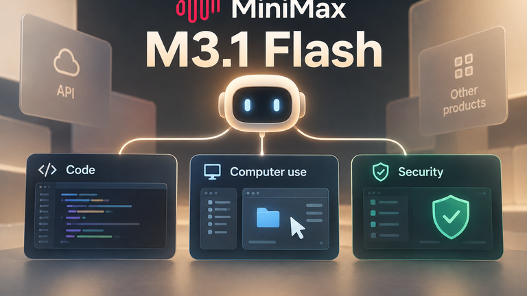 Conceptual MiniMax M3.1 Flash workspace showing agent workflows for coding, computer use and security.