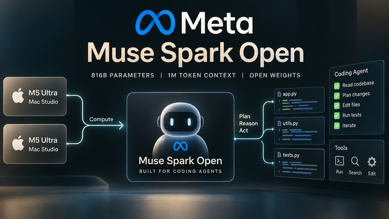 Conceptual illustration of Meta Muse Spark Open coordinating a multi-file coding task, with two labeled M5 Ultra Mac Studios shown as a diagram.