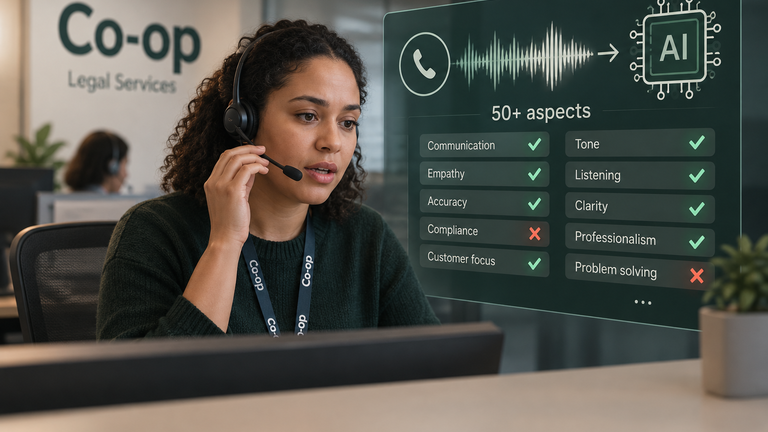 Illustration of a Co-op call worker beside a conceptual diagram showing a customer call assessed against more than 50 aspects and marked pass or fail.