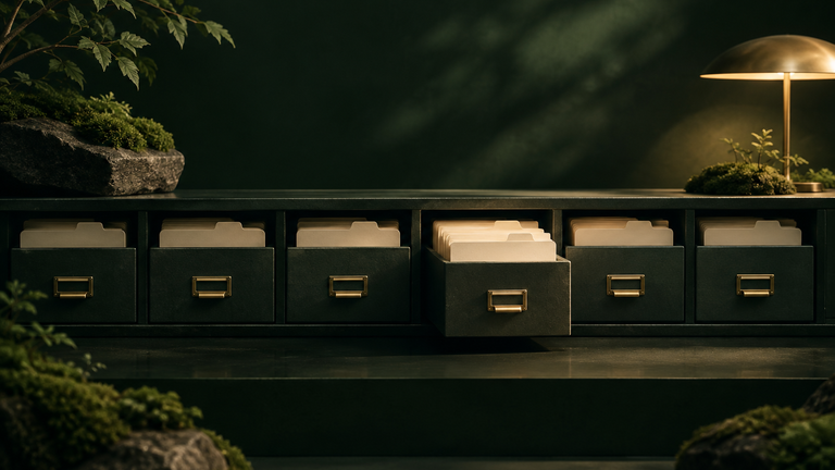 Illustration: A tidy ledger shelf where one drawer of index cards sits slightly out of line with its neighbors, lit by soft lamplight.
