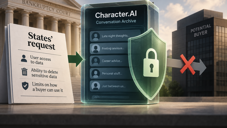 Conceptual illustration of states asking a court to protect Character.AI users’ private chats before a potential data transfer.