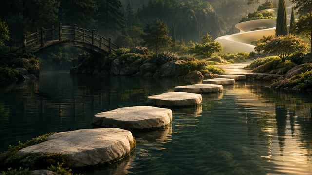 Illustration: A single path of stepping stones being gently carried across a calm stream to a new bank while an older footbridge fades behind.