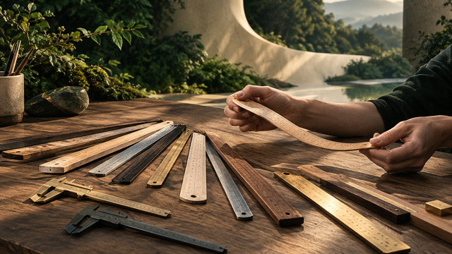Illustration: A long wooden workbench where many different hand-made measuring rulers and calipers lie in a fan, with one ruler being gently bent to test it, warm morning light.