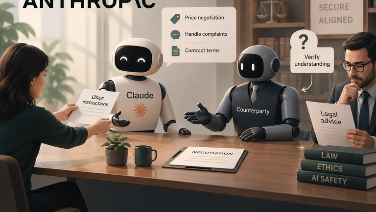 Conceptual illustration of an Anthropic agent negotiating with another agent while a legal adviser reviews proposed user instructions.