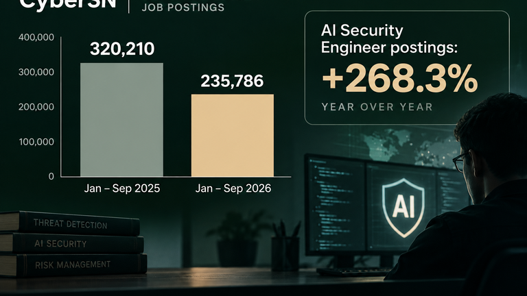 Chart of CyberSN figures showing U.S. cybersecurity postings falling from 320,210 in January–September 2025 to 235,786 in the same period of 2026, alongside a callout that AI Security Engineer postings rose 268.3%.