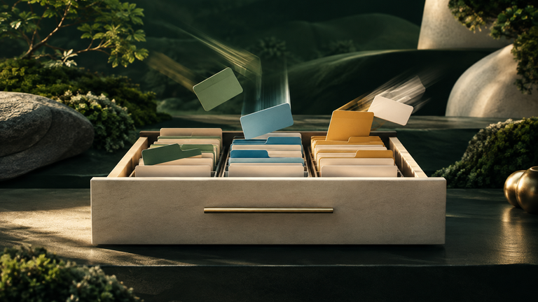 Illustration: A desk drawer of blank, color-coded index cards snapping into order in a blur of motion, a few out-of-place cards sliding into their correct slots.