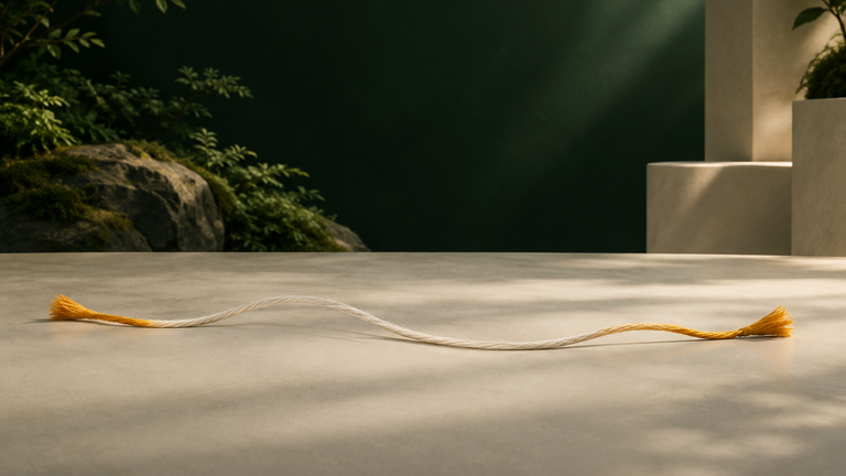 Illustration: A long strand of thread with only its two ends dyed bright while the slack middle section fades to pale, resting on a plain table.
