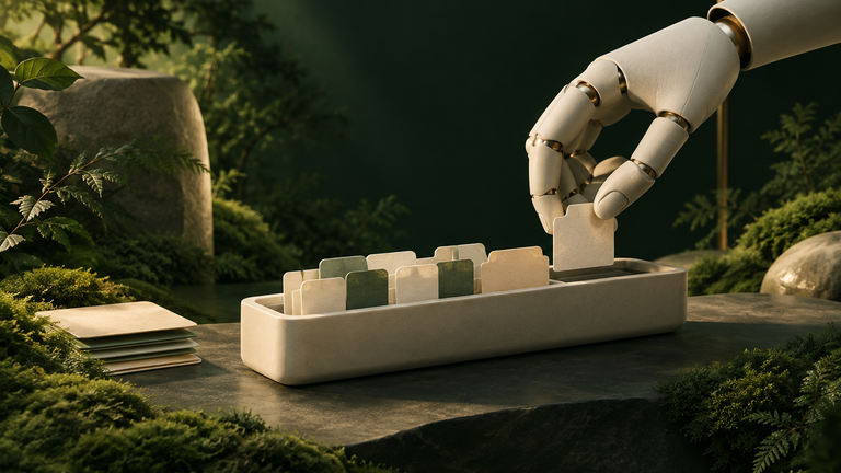 Illustration: A row of small paper tabs being quietly sorted into a tray by a soft mechanical hand, in warm muted tones.