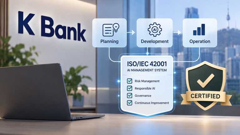Illustration of K Bank’s AI service lifecycle connected to an ISO/IEC 42001 risk-management checklist.