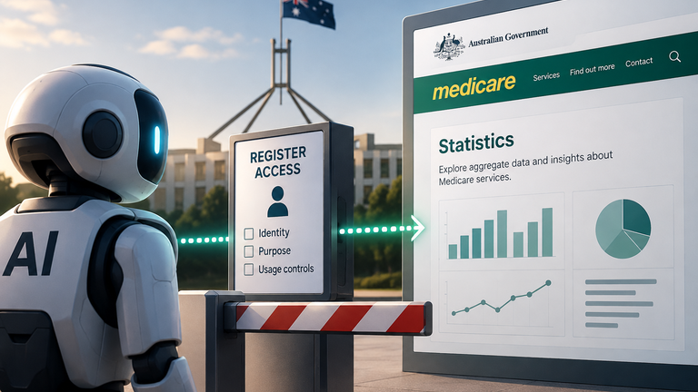 Conceptual AI-agent access path approaching a Medicare statistics page through a registration checkpoint.