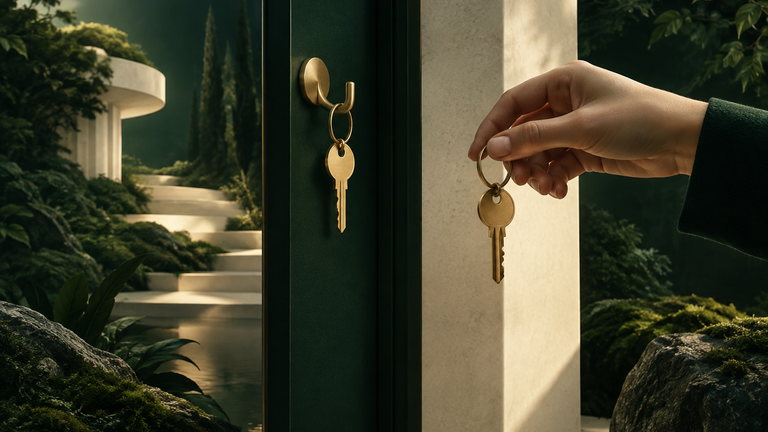 Illustration: A brass key hanging on a hook beside a door, a second identical key held loosely on a ring in soft light, suggesting borrowed access that is carefully limited.