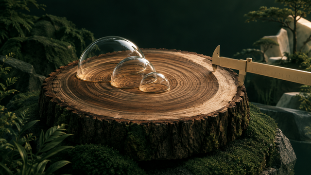 Illustration: A tree-trunk cross-section where inner growth rings sit under glass domes while the outer ring is being measured with a plain brass caliper, suggesting growth judged on wood not yet seen.