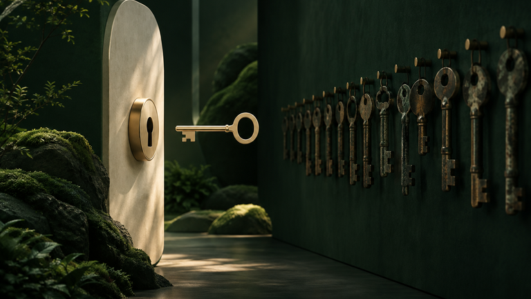 Illustration: A calm illustration of a door lock whose key is being gently compared against a long row of faded, worn keys hanging on a wall.