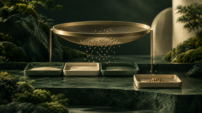 Illustration: A calm still-life of a fine sieve above several small trays, with a few grains caught on a separate tray to suggest checks that did not pass cleanly being routed elsewhere.