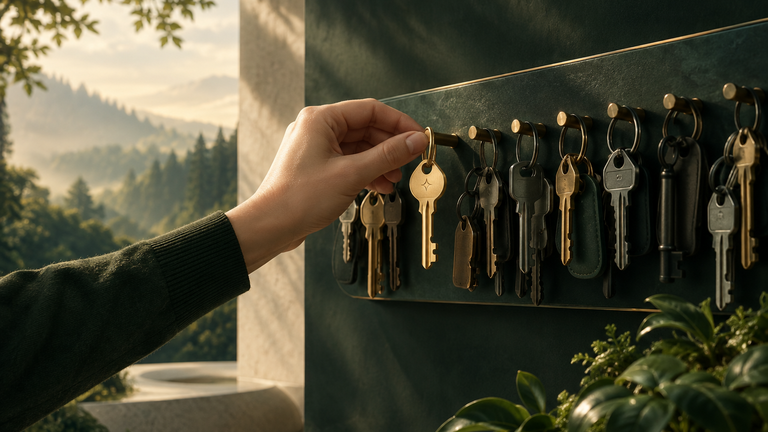Illustration: A calm still life of one new brass key being slotted into an already crowded key rack, with soft morning light.