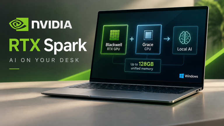 Conceptual RTX Spark laptop illustration showing Blackwell RTX graphics and a Grace CPU supporting local AI.