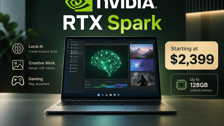 Conceptual RTX Spark laptop illustration with NVIDIA branding, a local-AI workspace and a starting-price label.